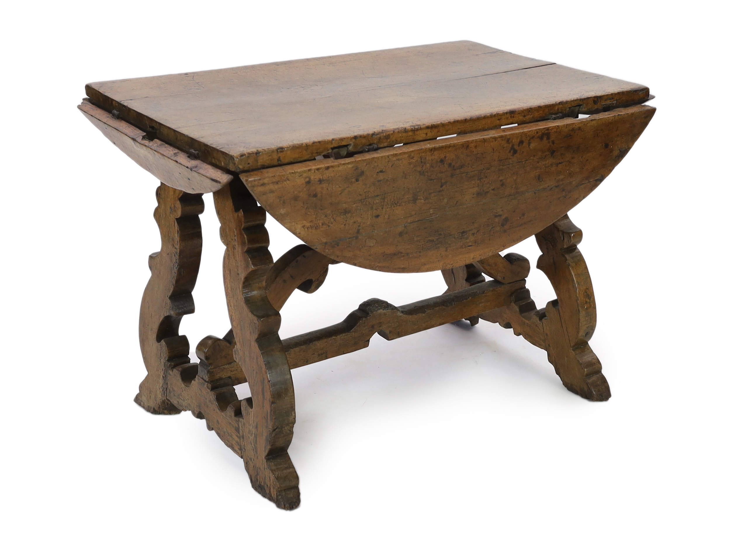 A mid 17th century Spanish walnut dining table, 115 x 74cm with flaps down, height 78cm